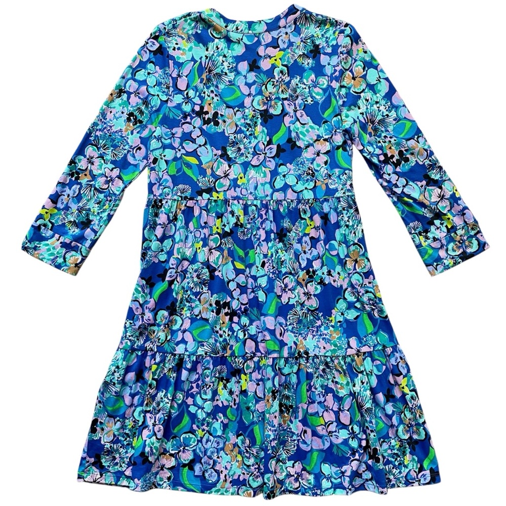đź’™Lilly Pulitzer Alaina 3/4 Sleeve Tiered Swing Dress Blue Grotto Twilight Tropic - Picture 5 of 15